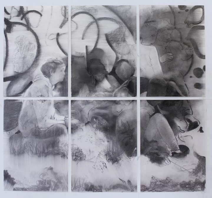 Premiul I – Dragos Burlacu, poliptic, Under the Same Sky, cărbune și creion pe hârtie, 142 x 154 cm (2025)